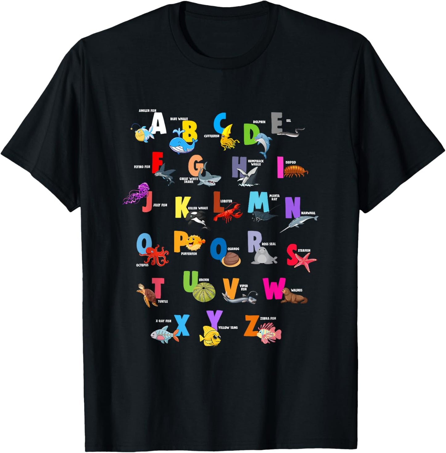 Ocean Animals Alphabet Letter ABCs Fish Dolphin Letters T-Shirt - T-Shirt | Black