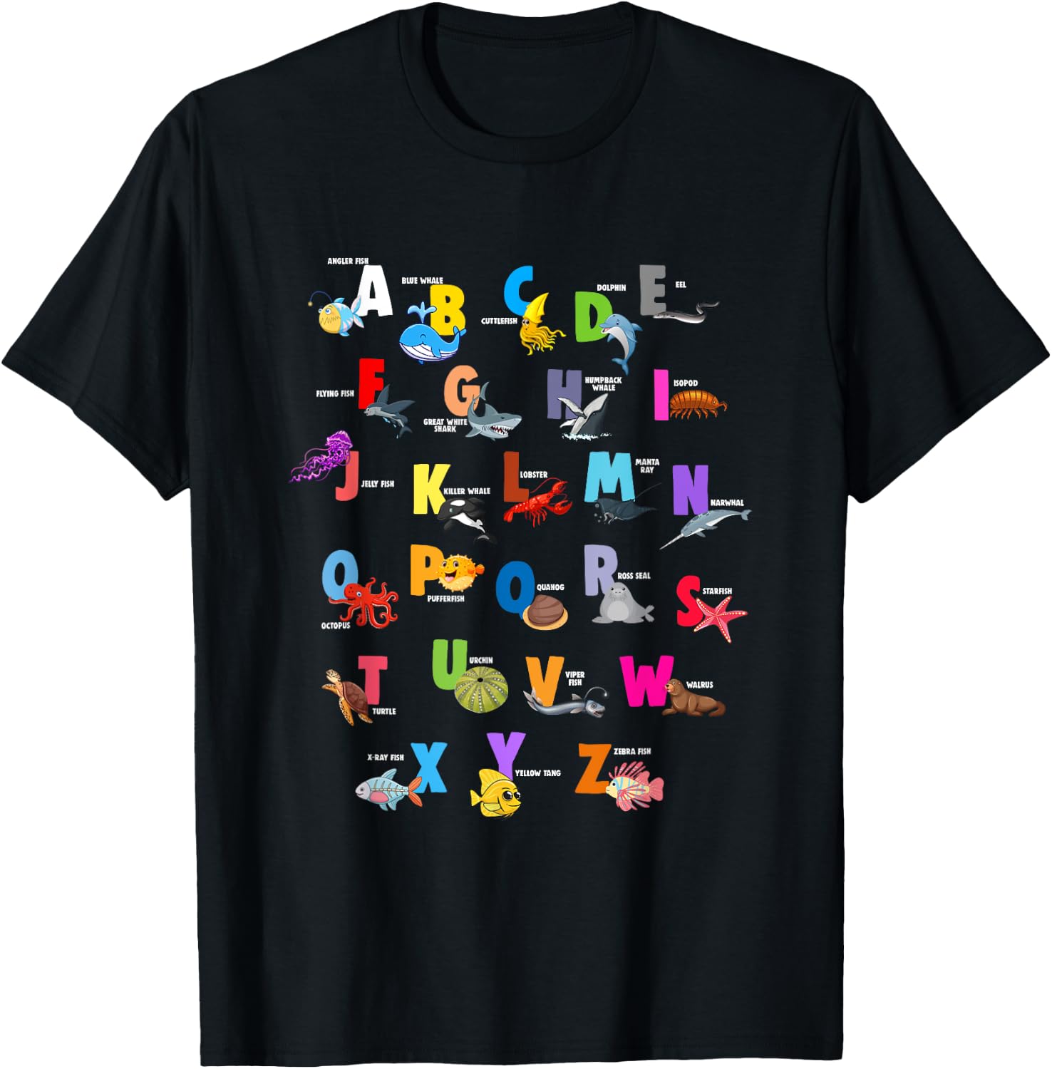 Ocean Animals Alphabet Letter ABCs Fish Dolphin Letters T-Shirt - T-Shirt | Black