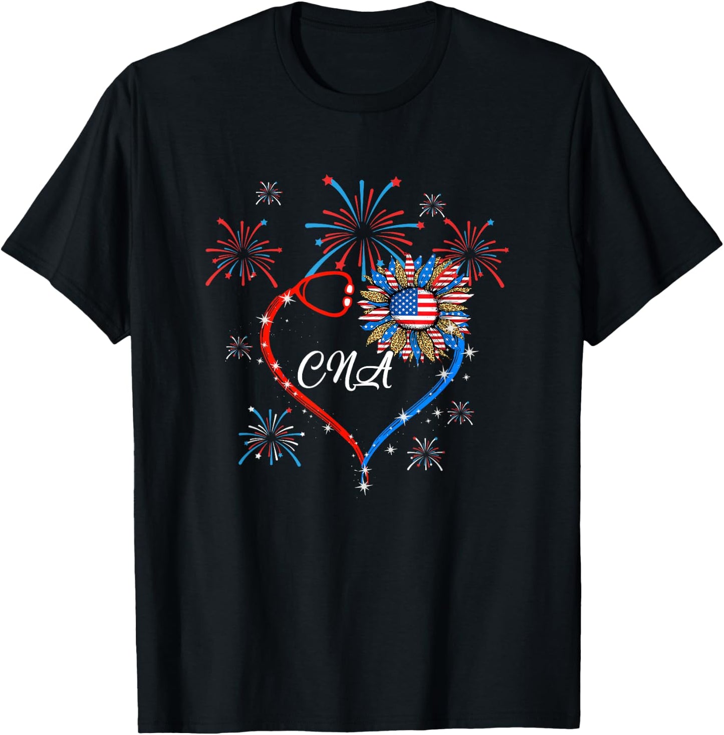 Patriotic Cna Nurse 4Th Of July American Flag Sunflower Love T-Shirt - T-Shirt | Black