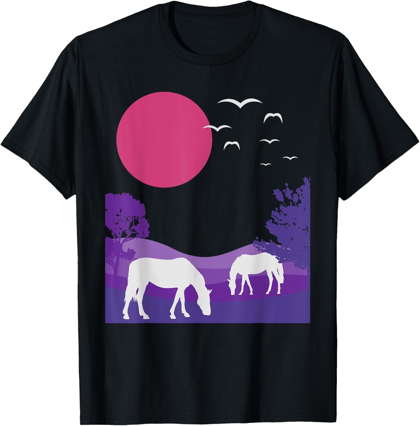 Steppe Landscape Horses Nature Minimalist Design T-Shirt - T-Shirt | Black