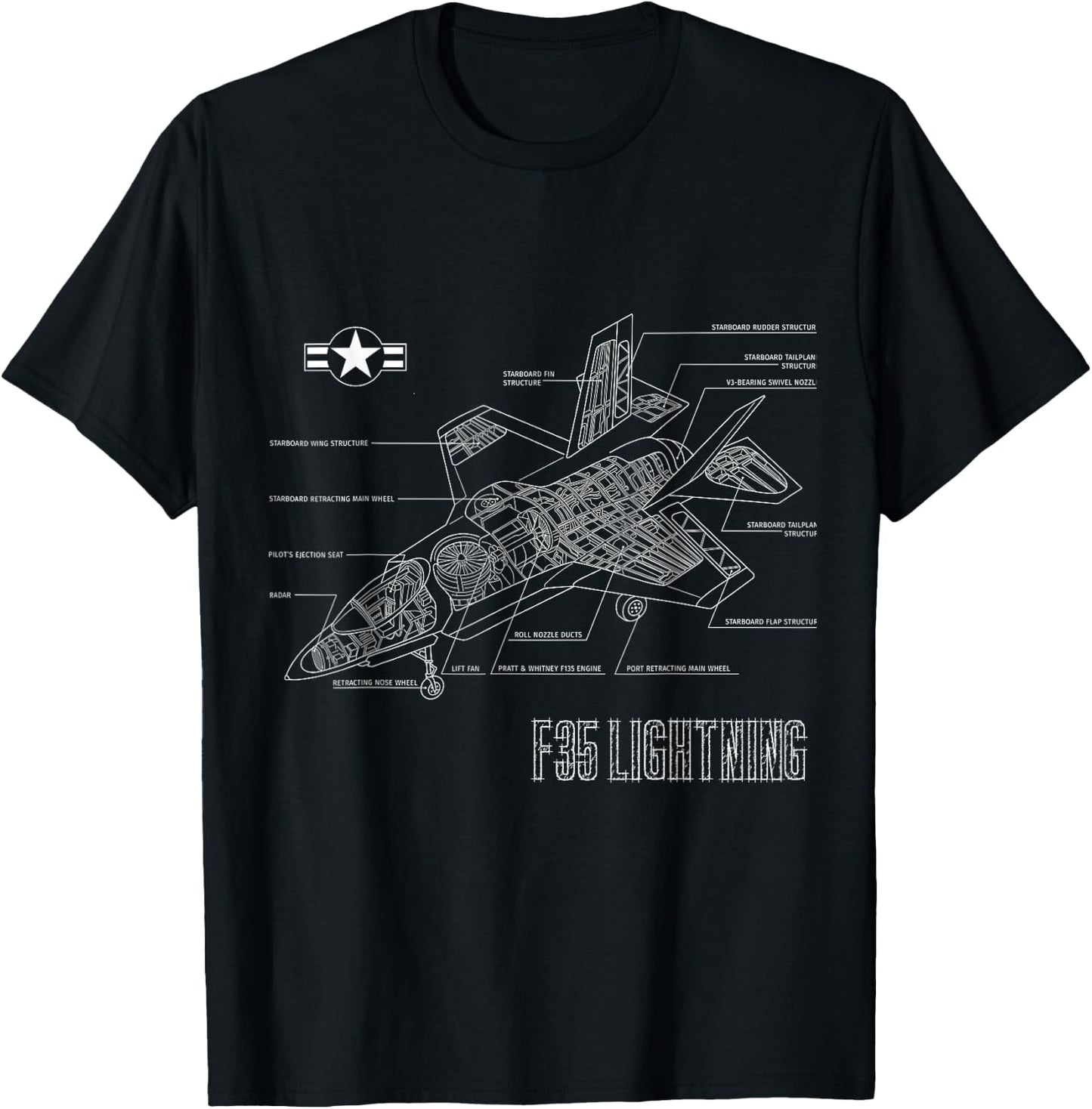 American Aircraft Stealth Fighter F35 lightning blueprint T-Shirt - T-Shirt | Black