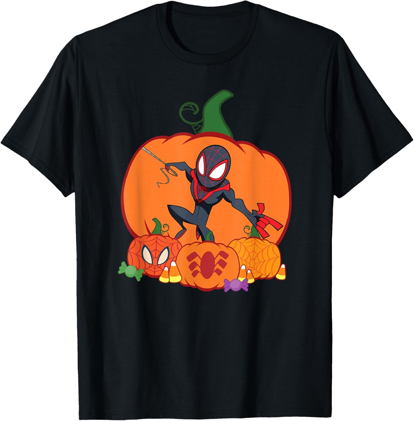 Marvel Spider-Man Miles Morales Halloween with Pumpkins T-Shirt - T-Shirt | Black