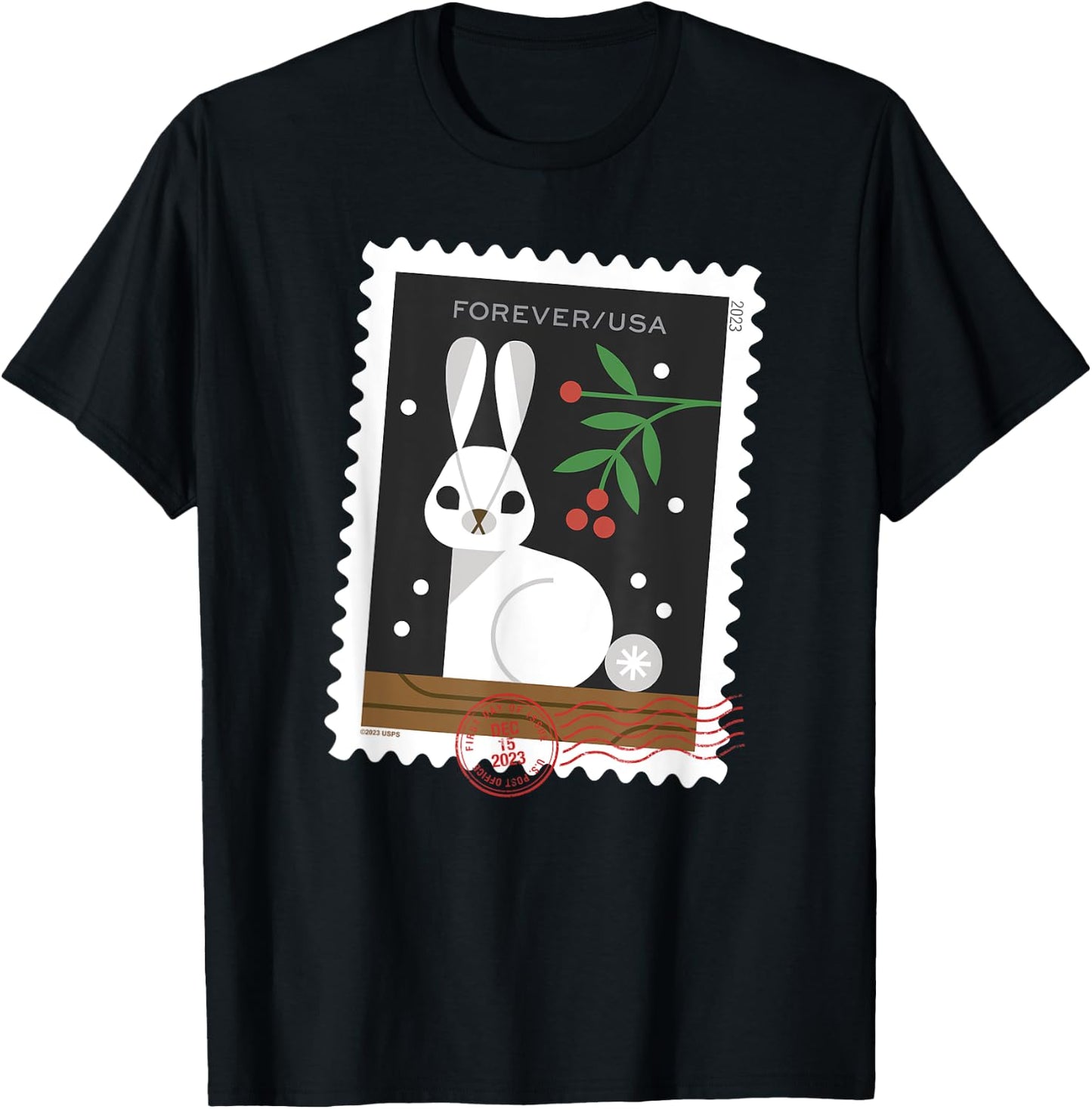 USPS Winter Woodland Animals - Rabbit Stamp T-Shirt - T-Shirt | Black