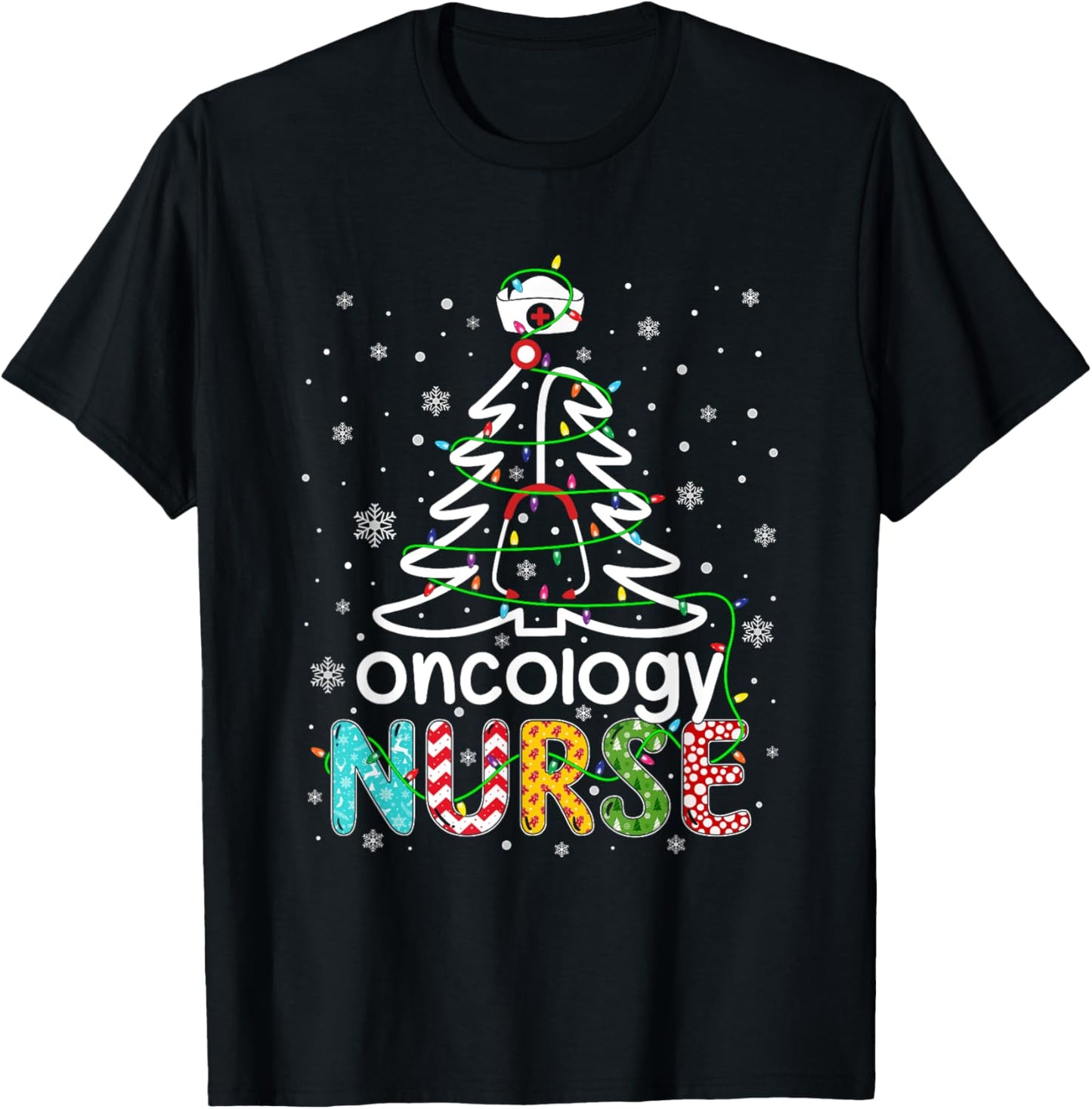 Oncology Nurse Xmas Tree Funny Nursing Christmas Pattern T-Shirt - T-Shirt | Black