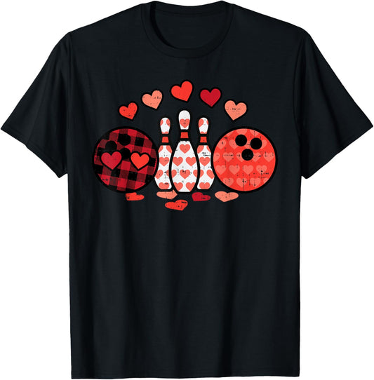 Valentines Day Plaid Bowling Valentine Sports Men Women Kids T-Shirt - T-Shirt | Black