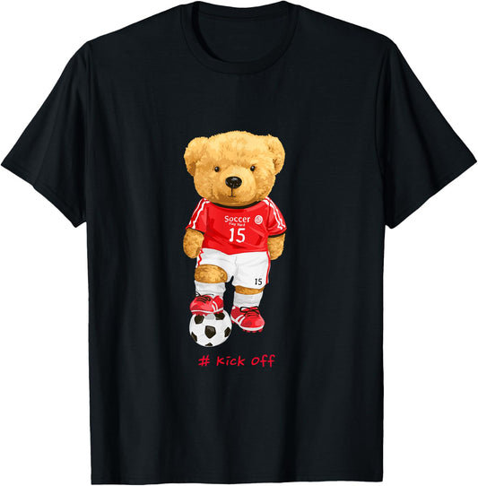 Cool Teddy Bear Soccer Kick Off Style Illustration Graphic T-Shirt - T-Shirt | Black