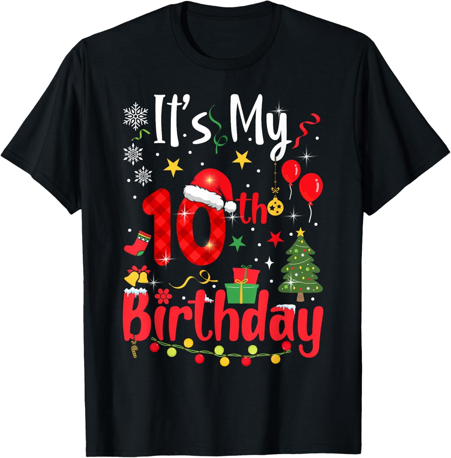 10 Years Old Christmas Bday Party 10th Birthday Kids T-Shirt - T-Shirt | Black