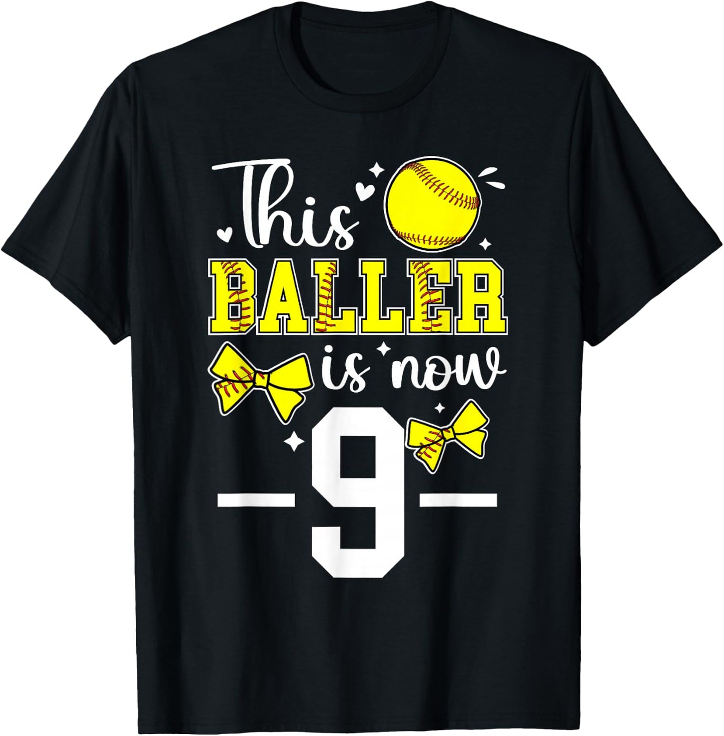 9th Birthday Softball Girl Nine Year Old Softball Player T-Shirt - T-Shirt | Black