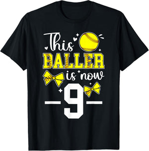9th Birthday Softball Girl Nine Year Old Softball Player T-Shirt - T-Shirt | Black