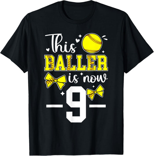 9th Birthday Softball Girl Nine Year Old Softball Player T-Shirt - T-Shirt | Black