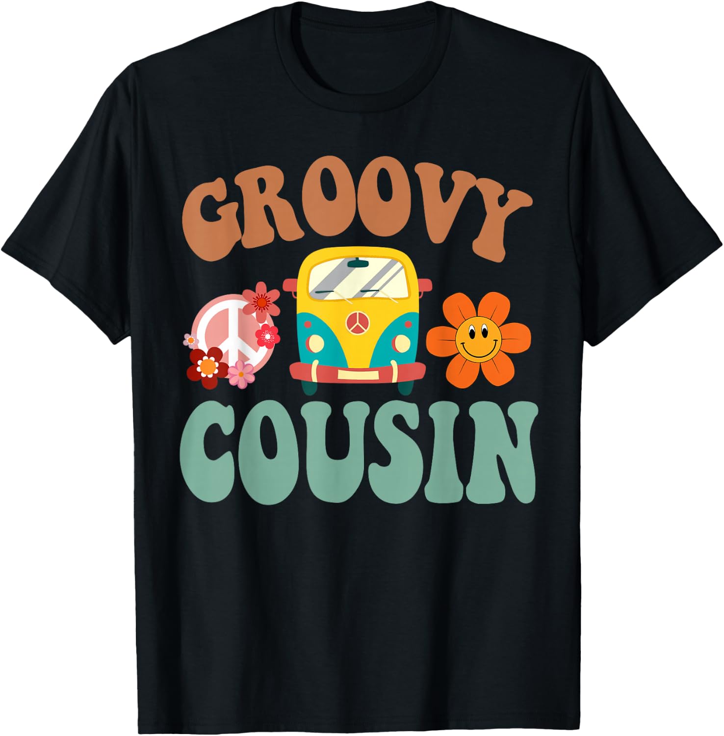 Retro Groovy Cousin Matching Family 1st Birthday Party T-Shirt - T-Shirt | Black