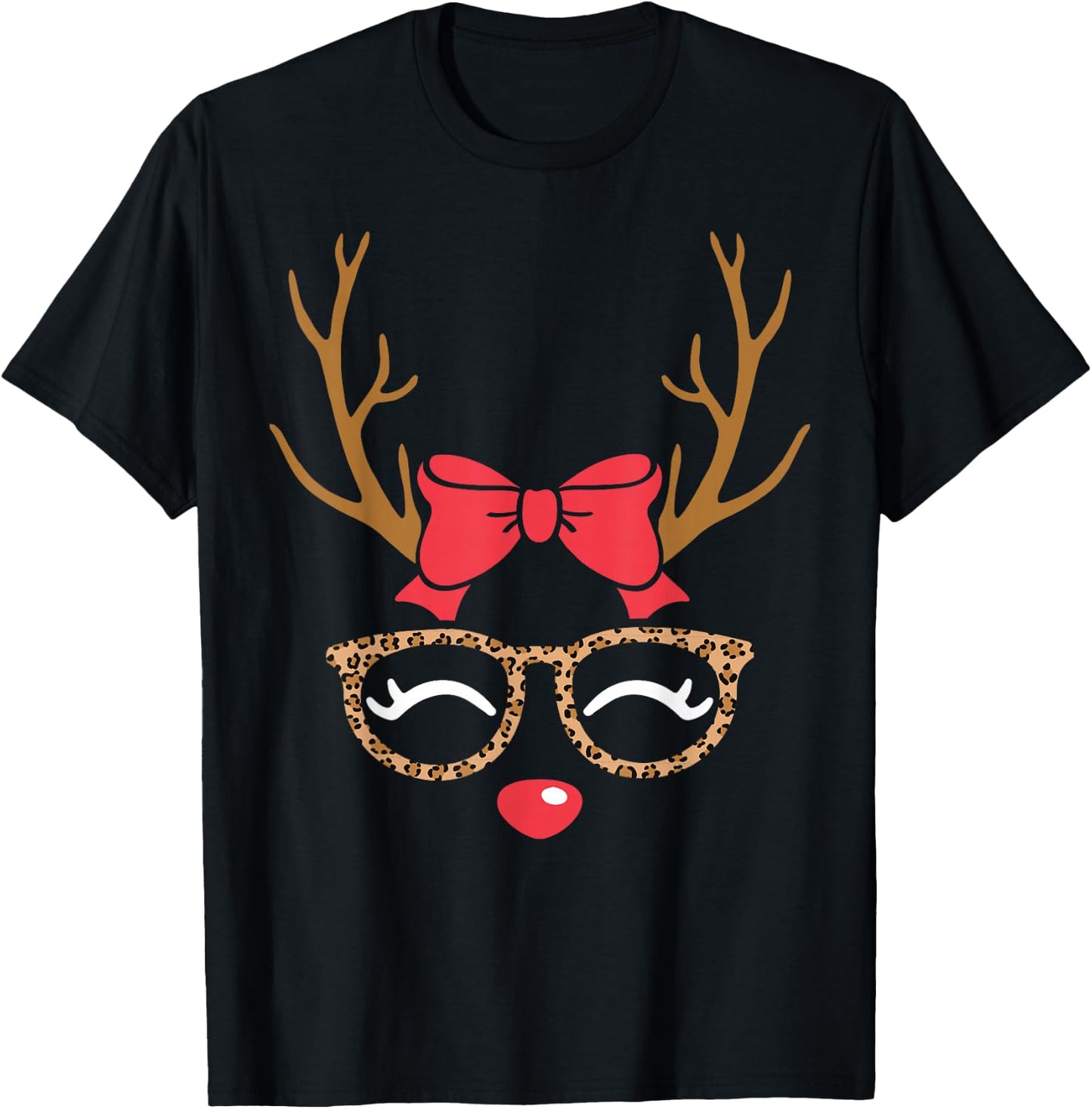 Reindeer Face Bow Leopard Glasses Christmas Girls T-Shirt - T-Shirt | Black
