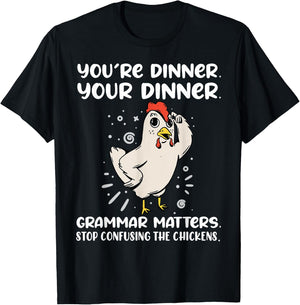 Funny English Teacher Chicken Dinner Grammar Matters Men Women Kids T-Shirt - T-Shirt | Black
