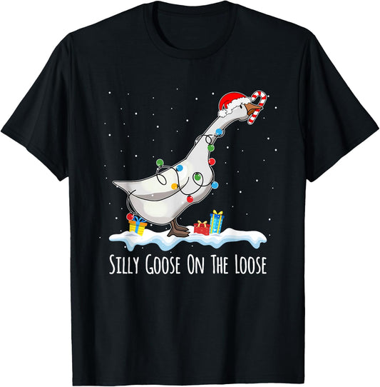 Cute Funny Santa Duck Silly Goose On The Loose Christmas T-Shirt - T-Shirt | Black