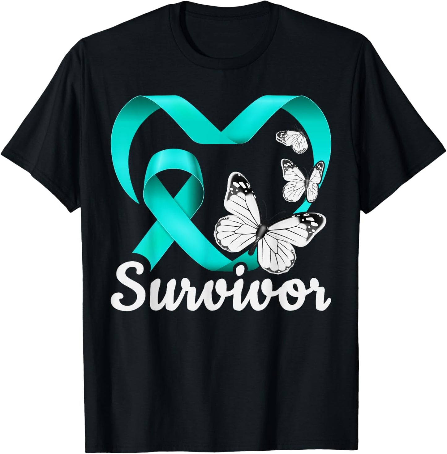Sexual Assault Survivor, teal heart, butterflies T-Shirt - T-Shirt | Black