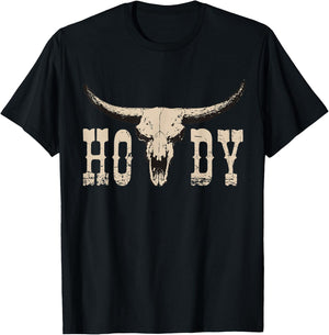 White Howdy Cow Skull Rodeo Western Country Southern Cowboy T-Shirt - T-Shirt | Black