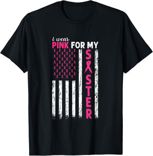 I Wear Pink For My Sister Breast Cancer Awareness Usa Flag Men T-Shirt - T-Shirt | Black