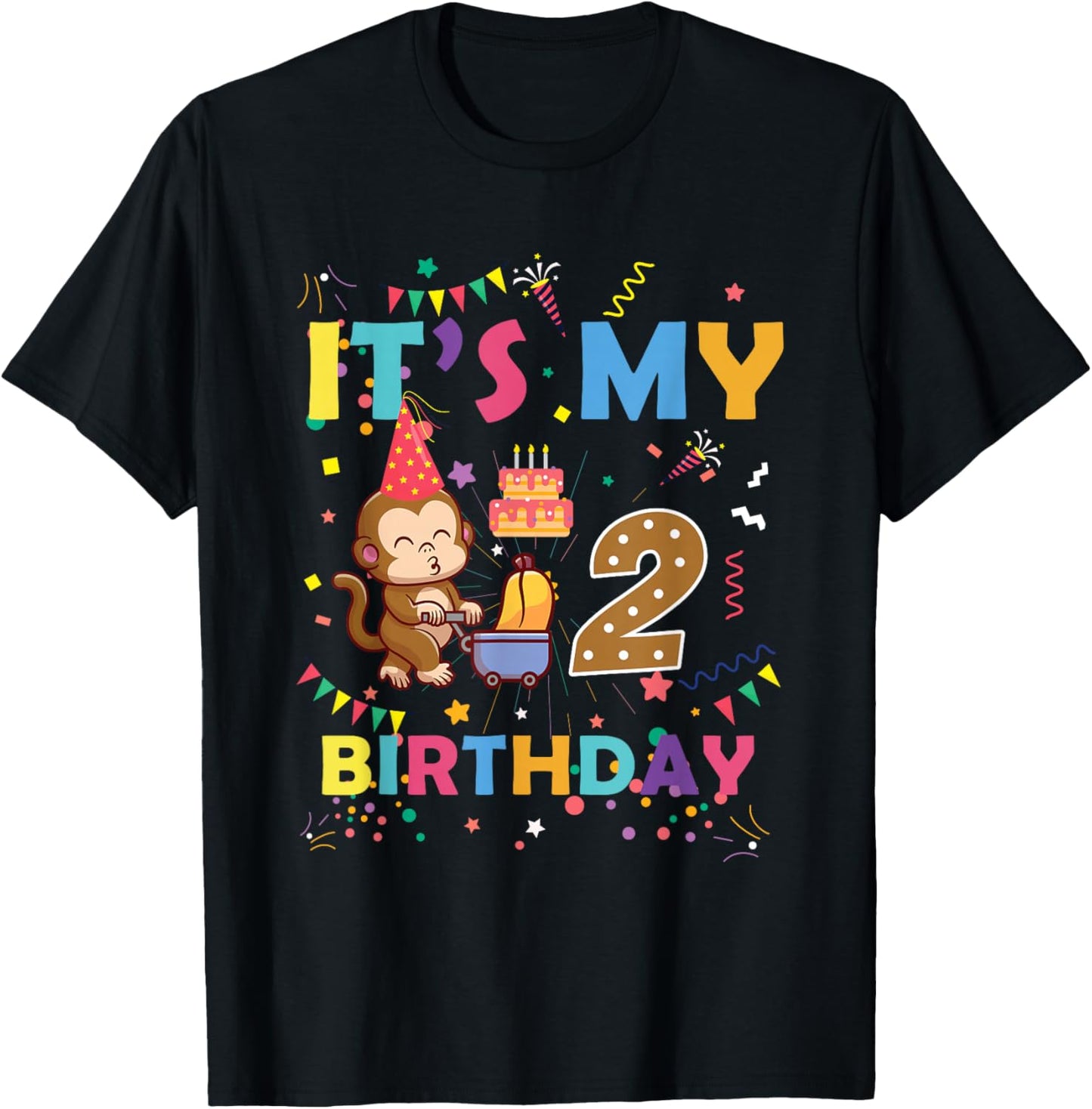 It's My 2nd Birthday Monkey 2 Year Old Boys Girls Kids T-Shirt - T-Shirt | Black