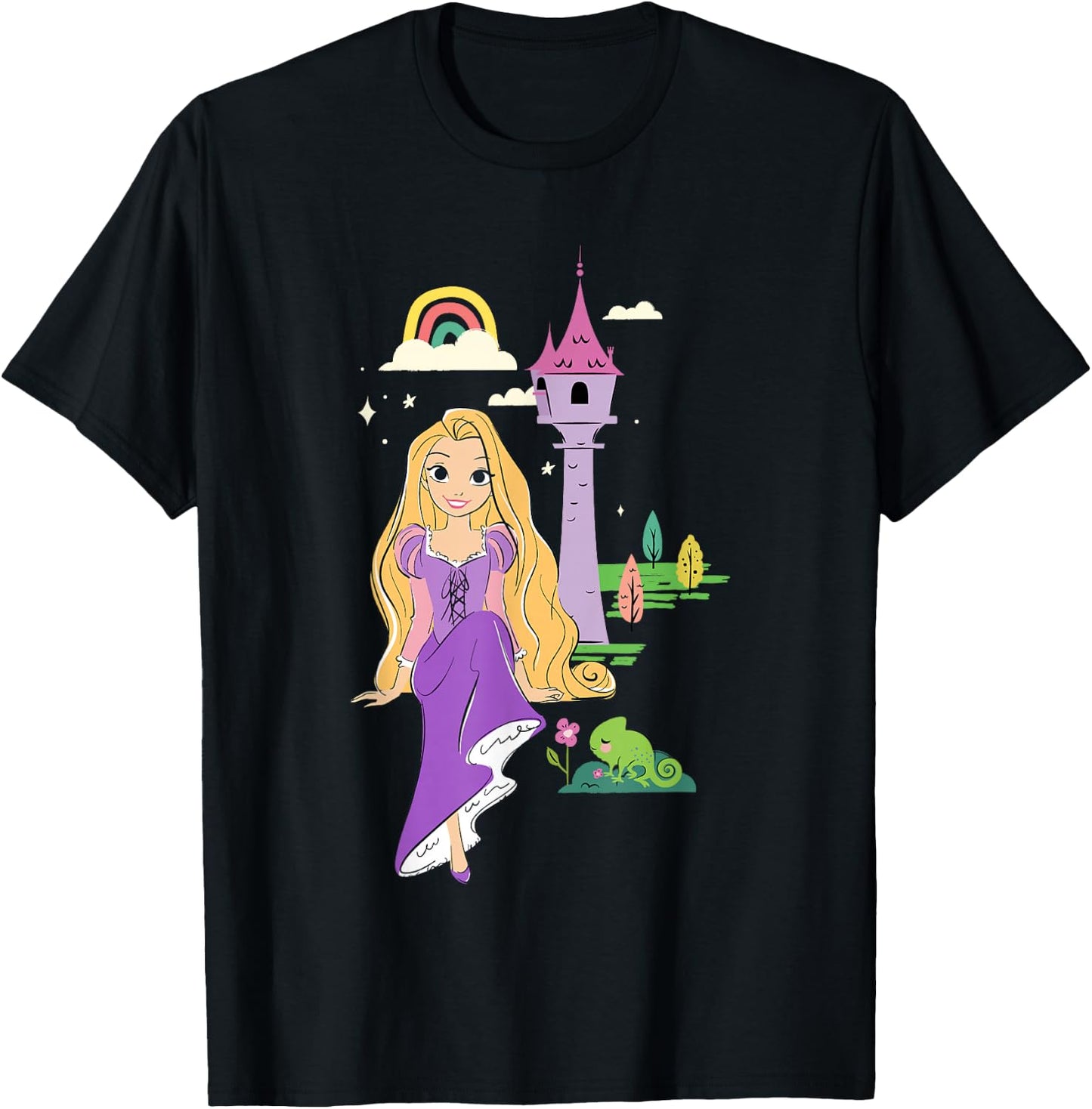 Disney Tangled Rapunzel & Pascal Rainbow Tower Sketch T-Shirt - T-Shirt | Black