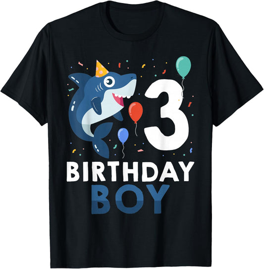 3rd Birthday Boy Shark Ocean 3 Year Old Funny B-Day Matching T-Shirt - T-Shirt | Black
