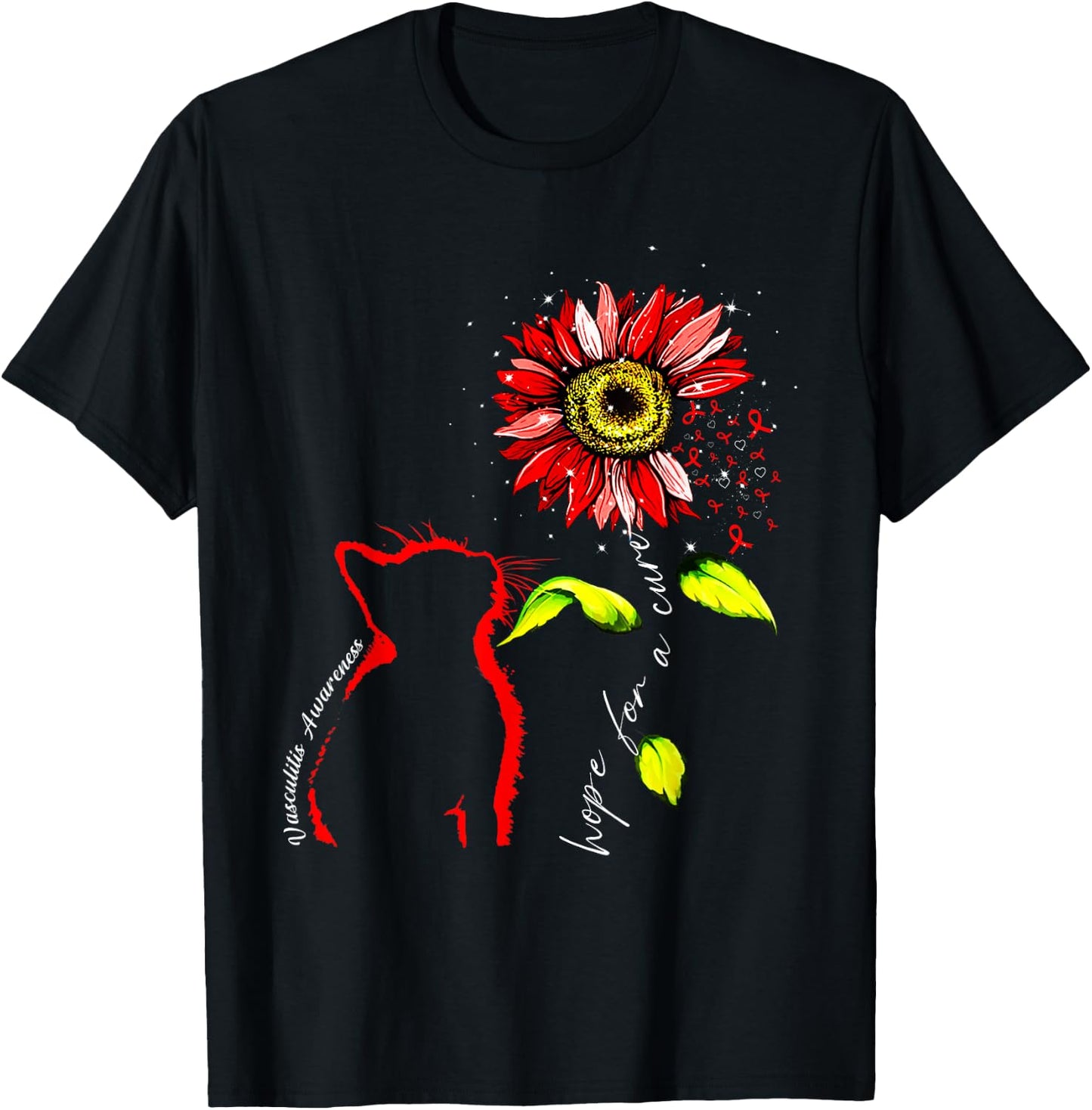 Sunflower Cat Red Vasculitis Awareness Men Women T-Shirt - T-Shirt | Black