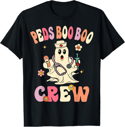 Peds Nurse Boo Crew Retro Halloween Pediatric Nurse T-Shirt - T-Shirt | Black