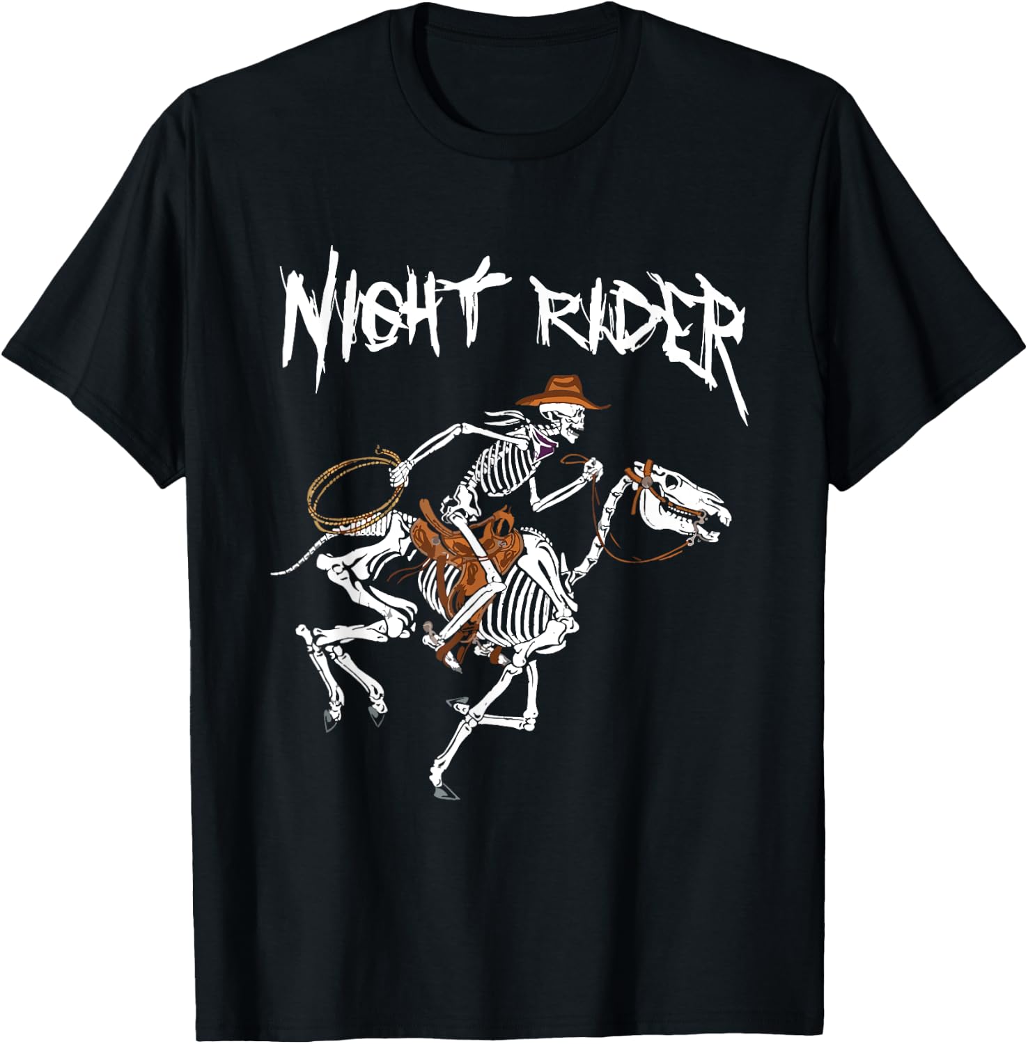 Night Rider Skeleton Cowboy Riding Horse Western Halloween T-Shirt - T-Shirt | Black