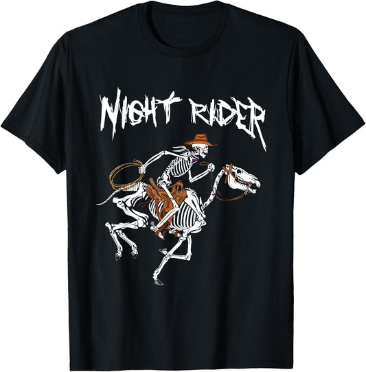 Night Rider Skeleton Cowboy Riding Horse Western Halloween T-Shirt - T-Shirt | Black