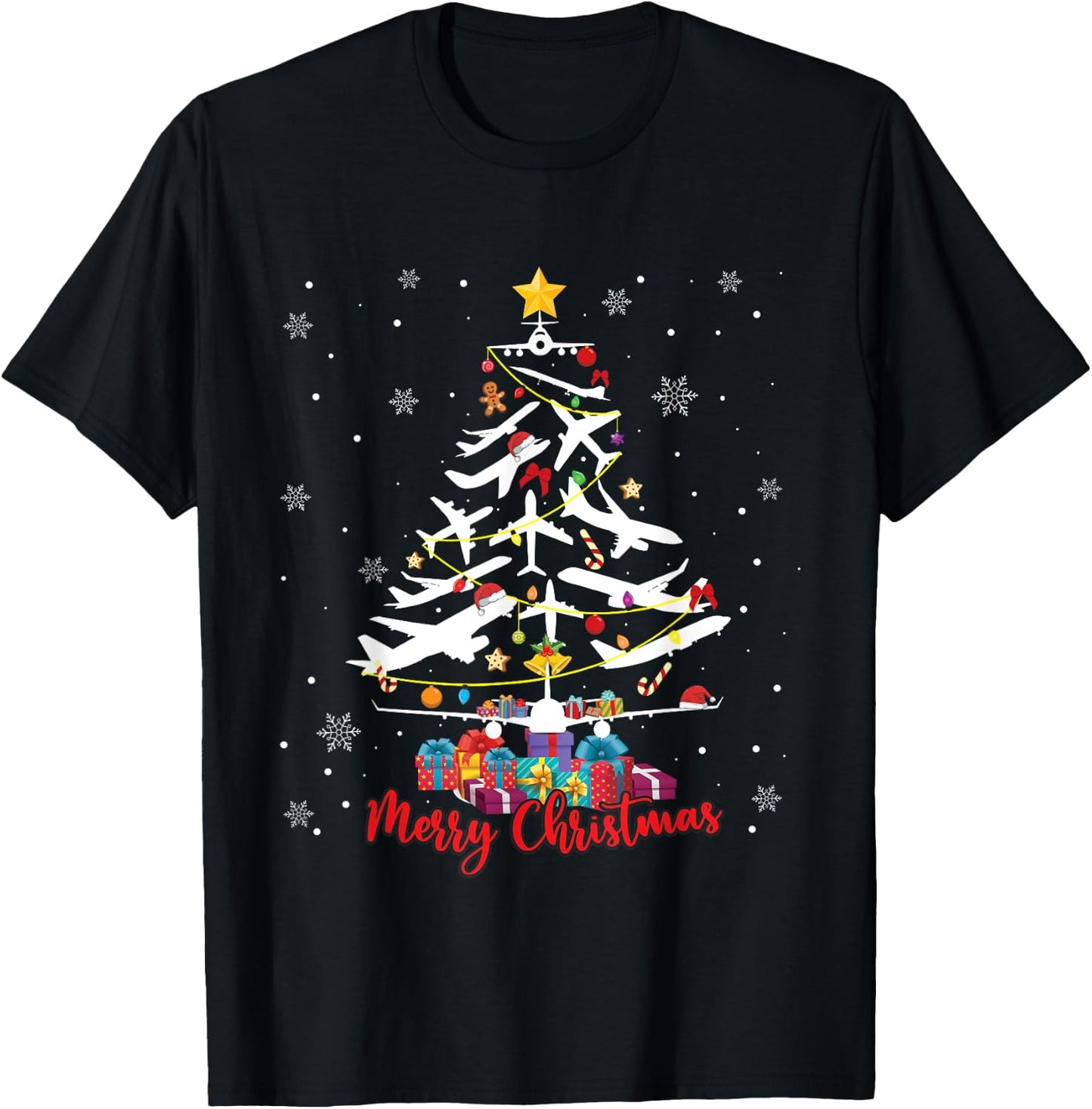 Airplane Christmas Tree Merry Xmas Most Likely Pilot T-Shirt - T-Shirt | Black