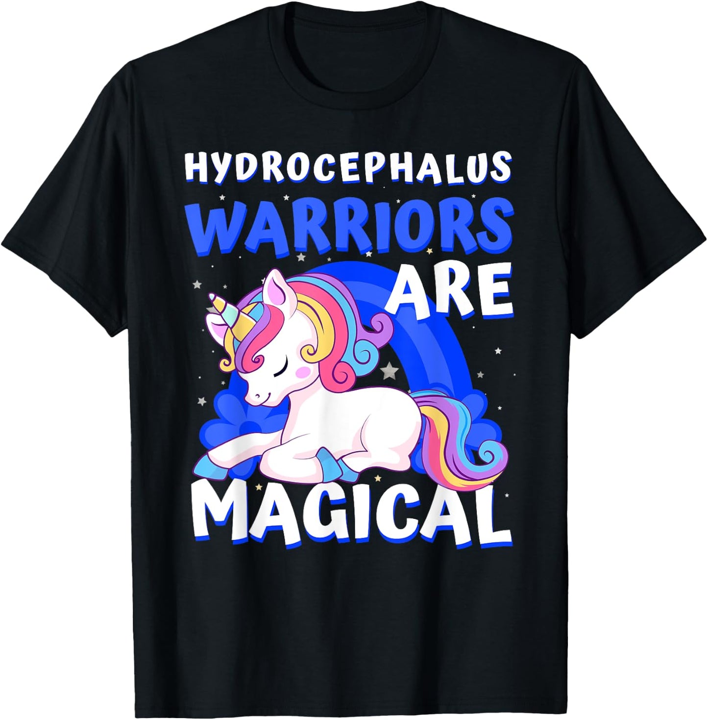 Warriors Magical Hydrocephalus Awareness Unicorn Ribbon Blue T-Shirt - T-Shirt | Black