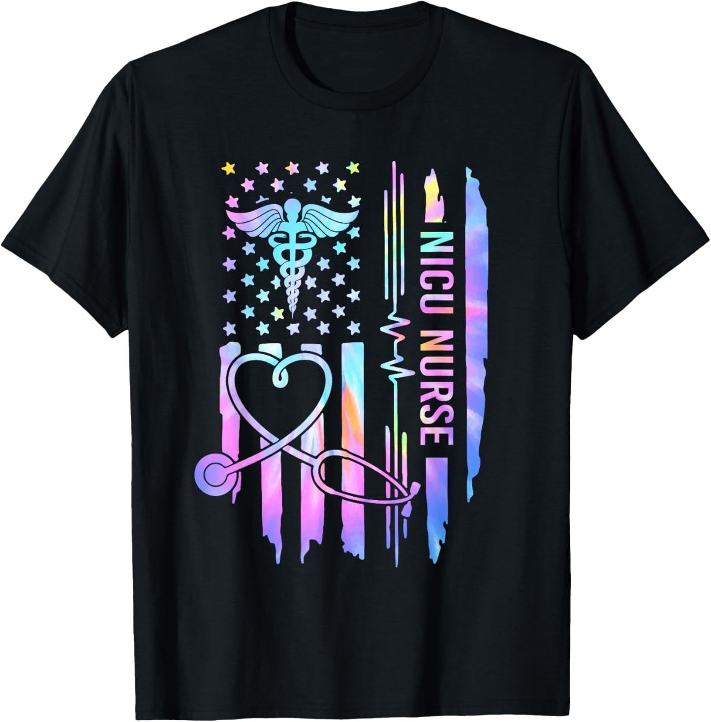 Tie Dye NICU Nurse ICU Neonatal USA Flag Team Tiny Humans T-Shirt - T-Shirt | Black