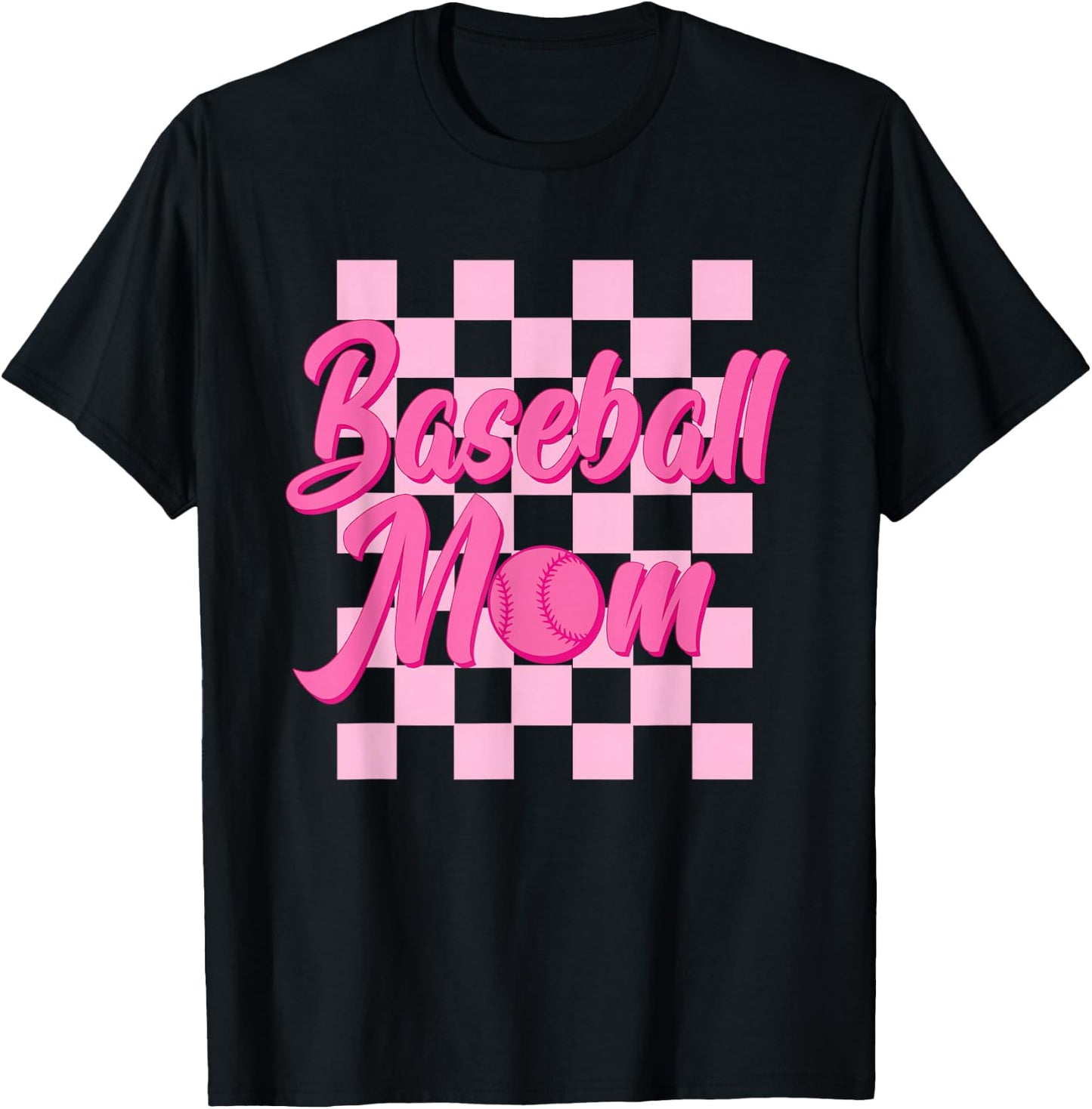 Baseball Mom Black And Pink Grid Sports Mother Mama Player T-Shirt - T-Shirt | Black