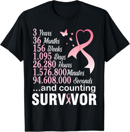 3 Years 36 Months & Counting Survivor Warrior Breast Cancer T-Shirt - T-Shirt | Black