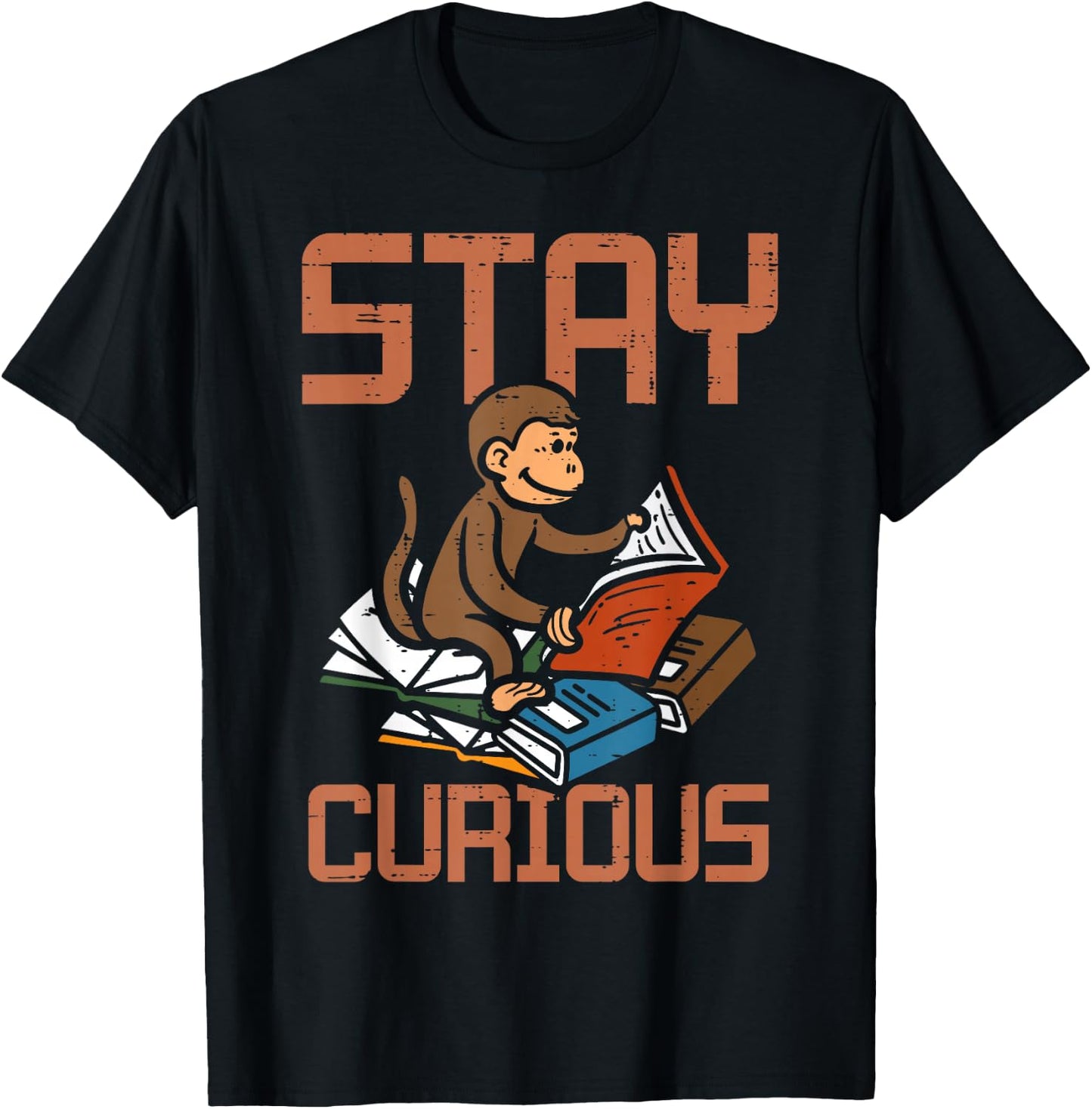 Stay Curious Monkey Reading Funny Book Lover Bookworm Kids T-Shirt - T-Shirt | Black