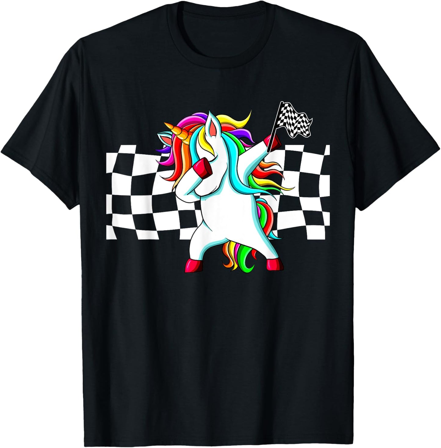 Racecar Racing Checker Flag Dabbing Unicorn Graphic T-Shirt - T-Shirt | Black