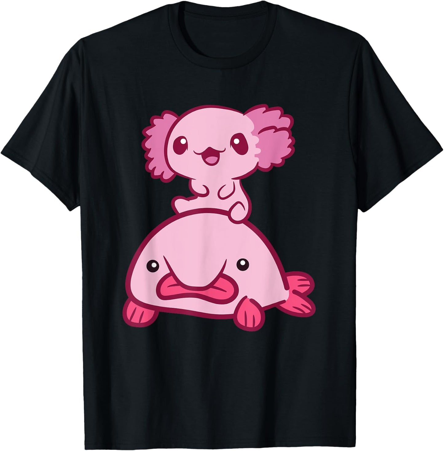 Kawaii Axolotl Riding A Blobfish Cute Axolotl T-Shirt - T-Shirt | Black