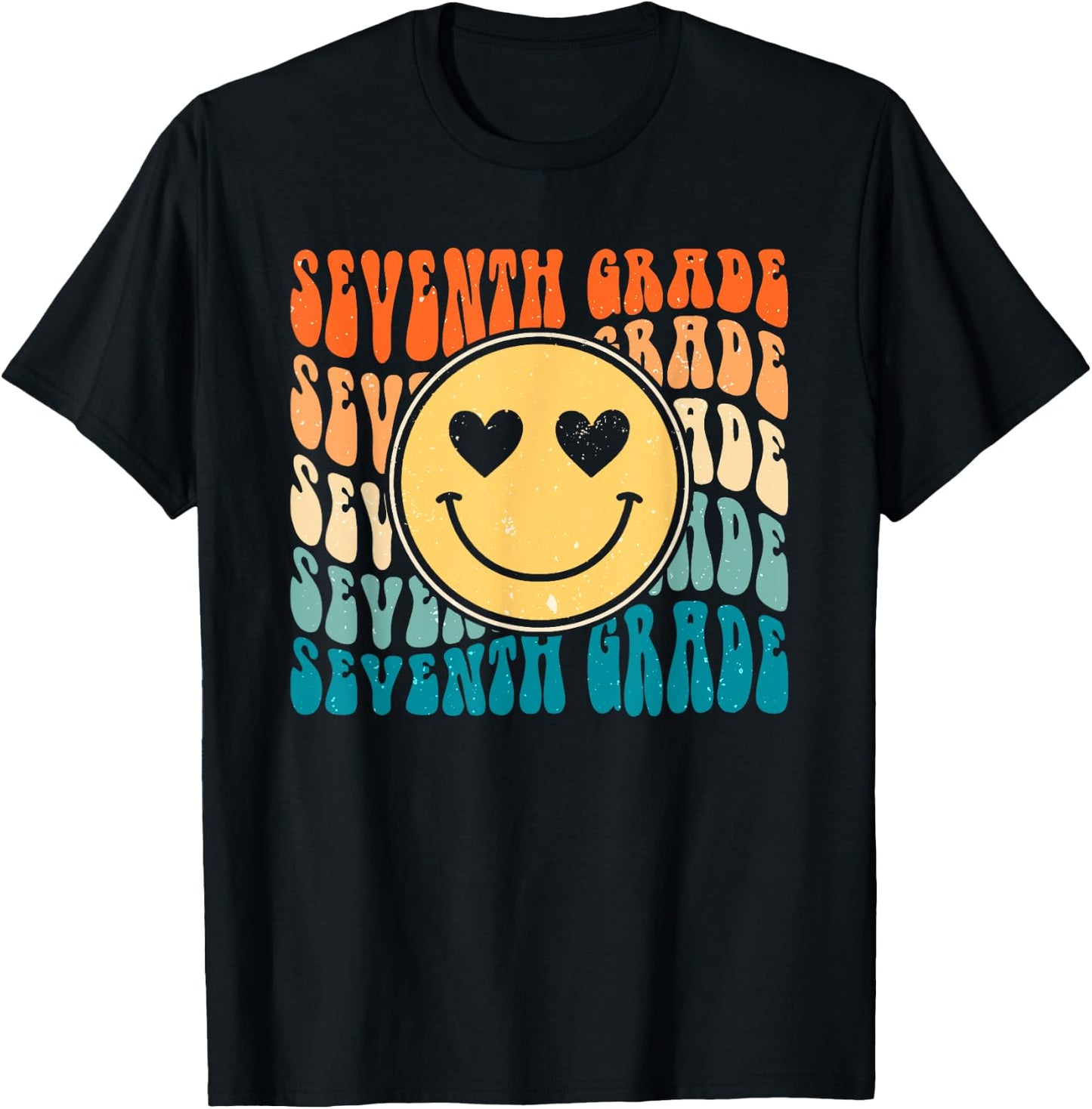 Boho Vintage Retro Groovy Smile 7th Seventh Grade Teacher T-Shirt - T-Shirt | Black