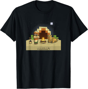 Minecraft Vanilla Villager & Camel Desert Fireplace At Night T-Shirt - T-Shirt | Black
