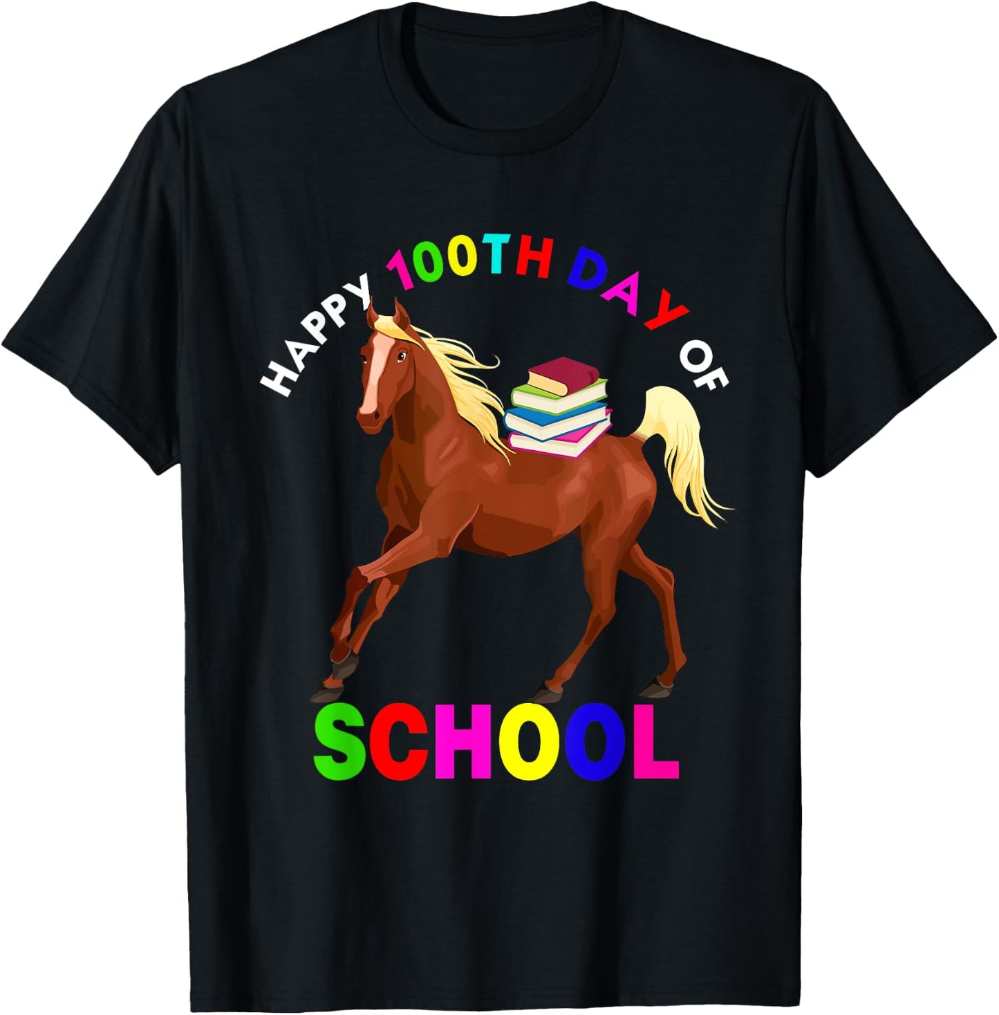 Happy 100th Days Of School Cute Horse Carrying Books Farm T-Shirt - T-Shirt | Black