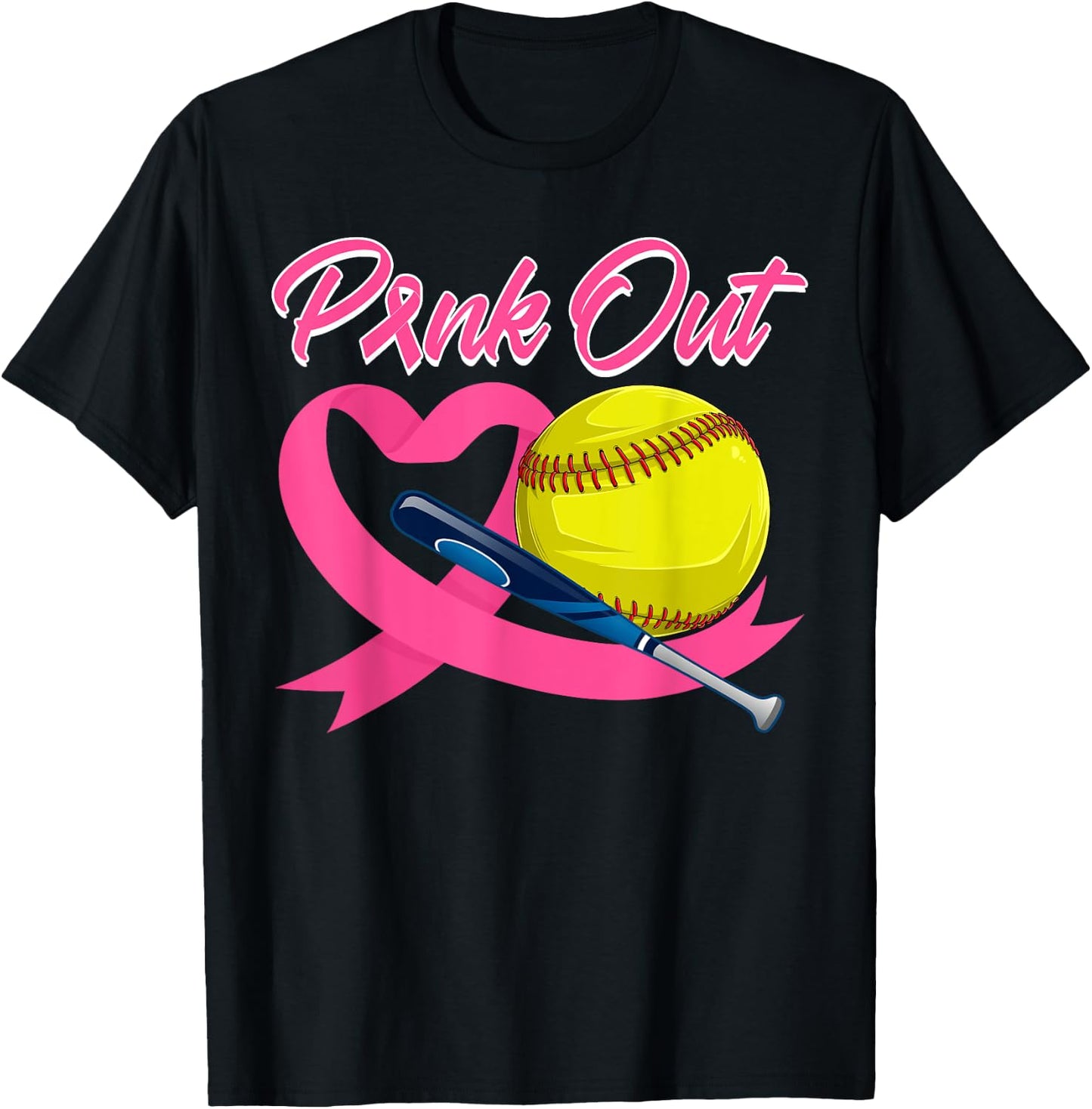 Pink Out Pink Ribbon Heart With Softball Ball Breast Cancer T-Shirt - T-Shirt | Black
