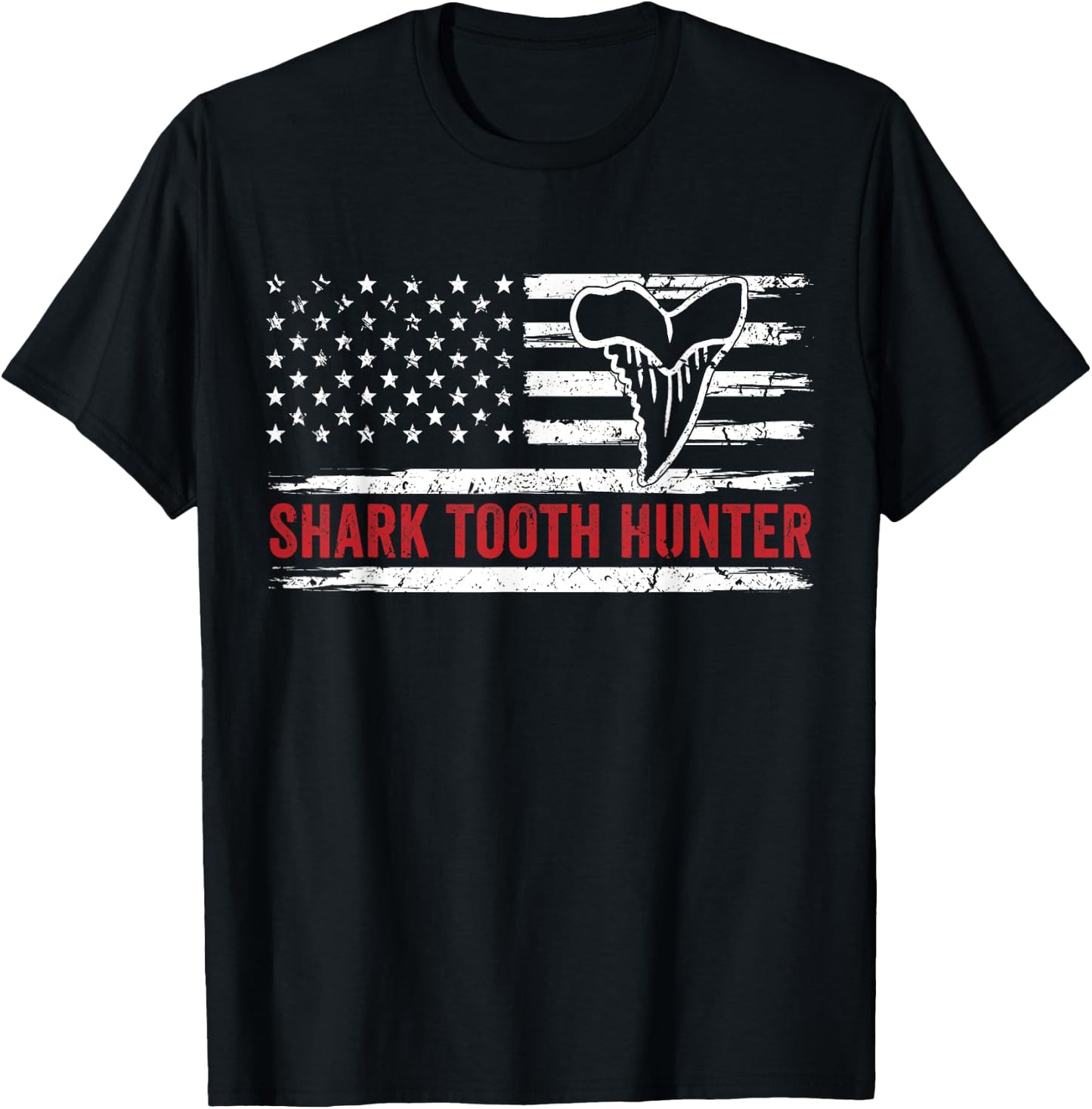 Patriotic Shark Fossil Tooth Hunter Men Women T-Shirt - T-Shirt | Black