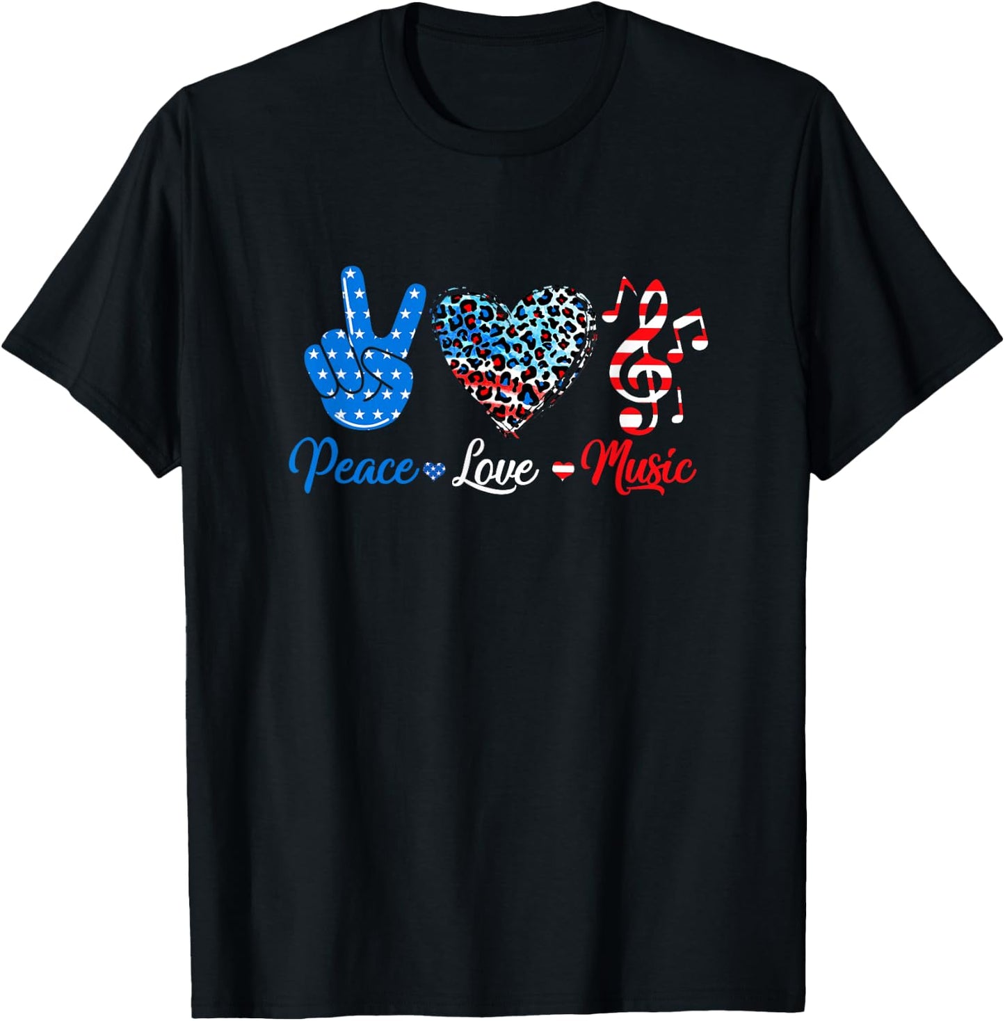 Peace Love Music Us Flag 4Th Of July Music Teacher Patriotic T-Shirt - T-Shirt | Black