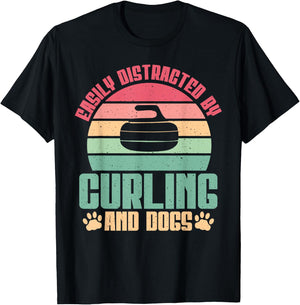 Easily distracted by Curling and Dogs Lover Curling T-Shirt - T-Shirt | Black