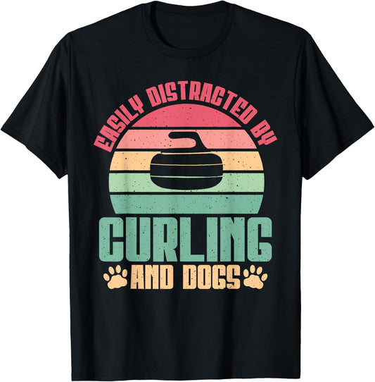 Easily distracted by Curling and Dogs Lover Curling T-Shirt - T-Shirt | Black