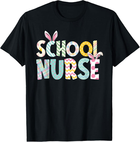 Happy Easter Day School Nurse Cute Bunny Ears Easter Eggs T-Shirt - T-Shirt | Black