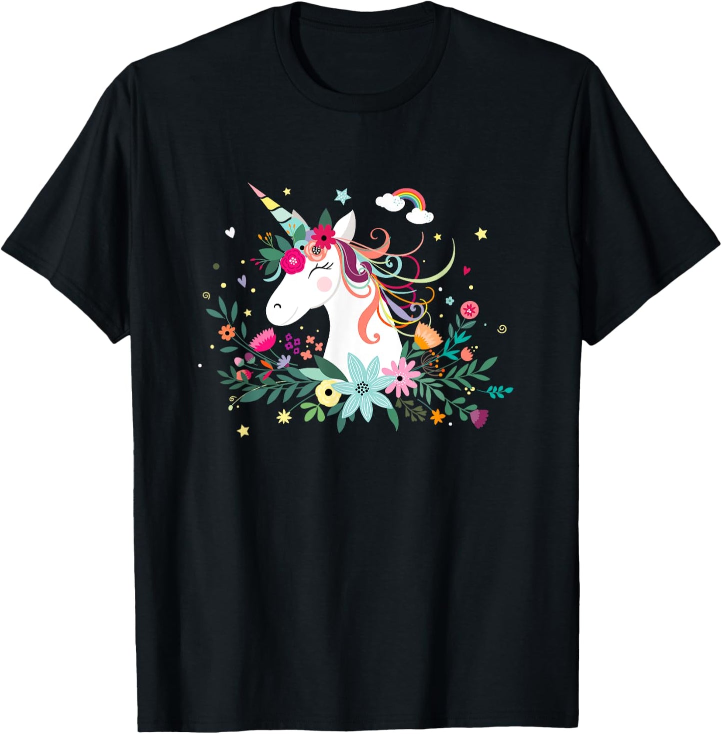 Funny Unicorn Dreams, Cute Kawaii Blinking Unicorn Flowers T-Shirt - T-Shirt | Black