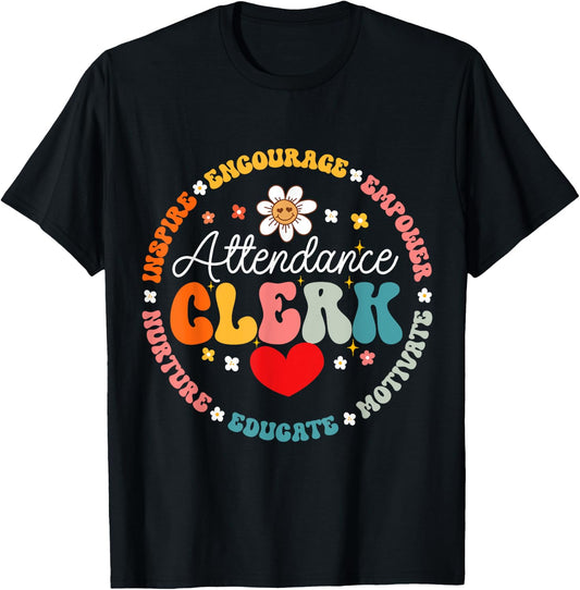 Groovy Attendance Clerk Back to School Appreciation Week T-Shirt - T-Shirt | Black
