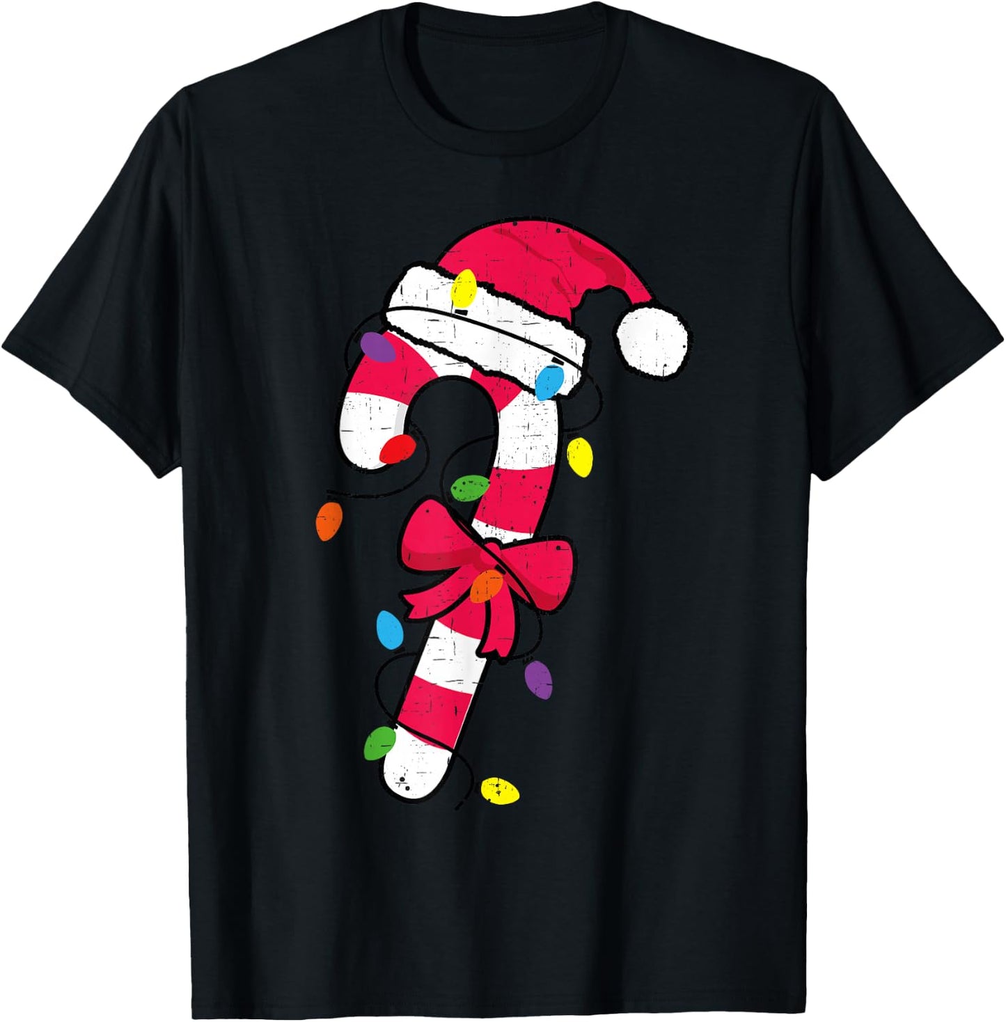Cute Christmas Candy Cane Santa Hat and Christmas Lights T-Shirt - T-Shirt | Black