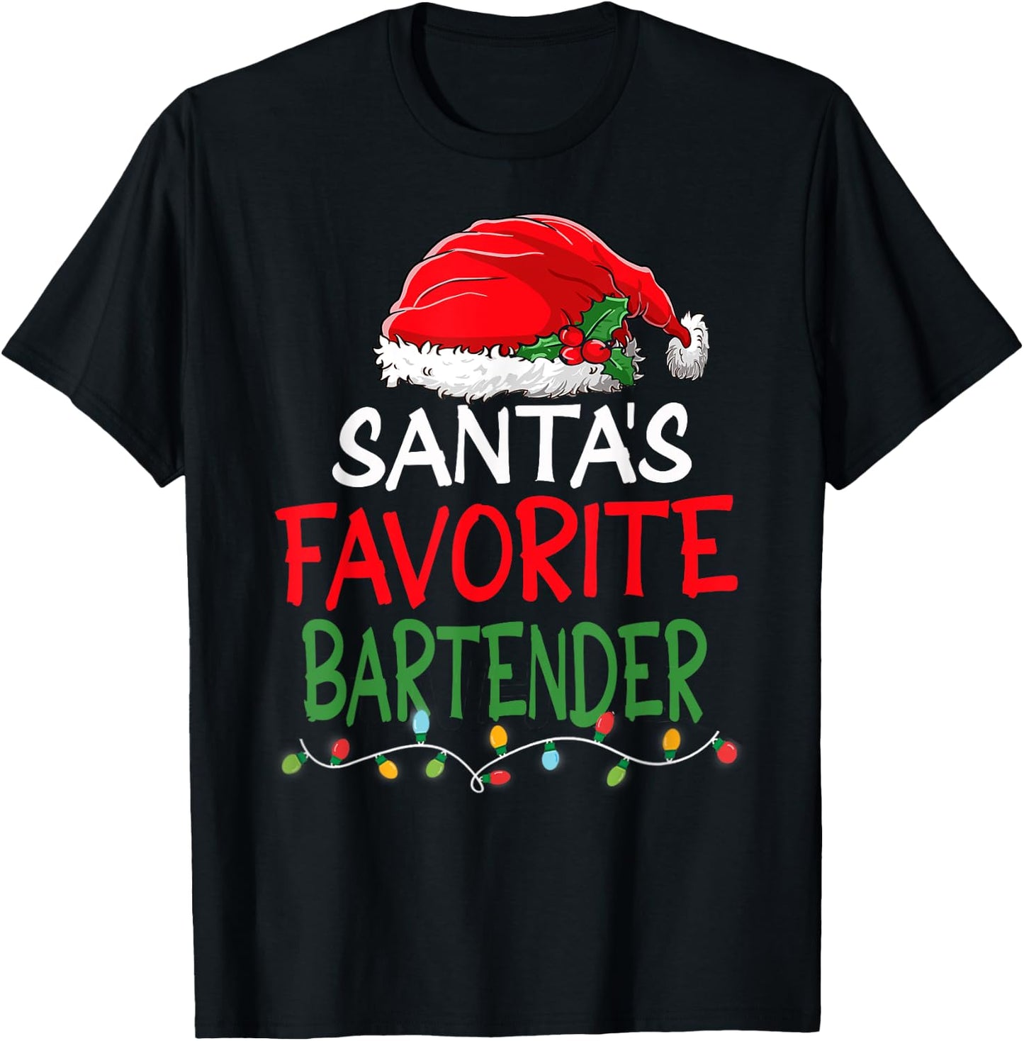 Santa's Favorite Bartender Christmas Santa Claus tree lights T-Shirt - T-Shirt | Black