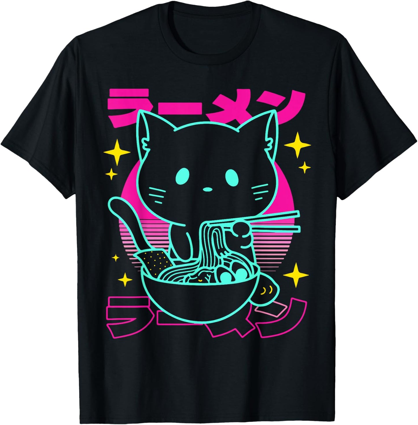 Anime Ramen Cat Retro Japanese Noodles Aesthetic Kawaii cat T-Shirt - T-Shirt | Black